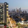 View of Morgan Hall backed by Philadelphia skyline.